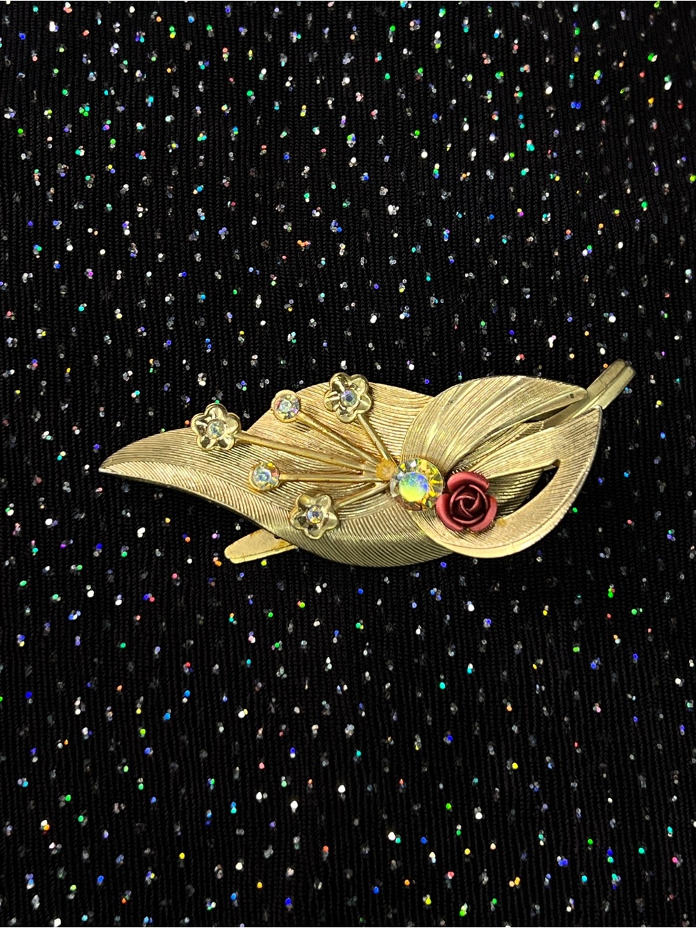 Vintage Gold Leaf Floral Barrette with Red Rose and Aurora Borealis Accent